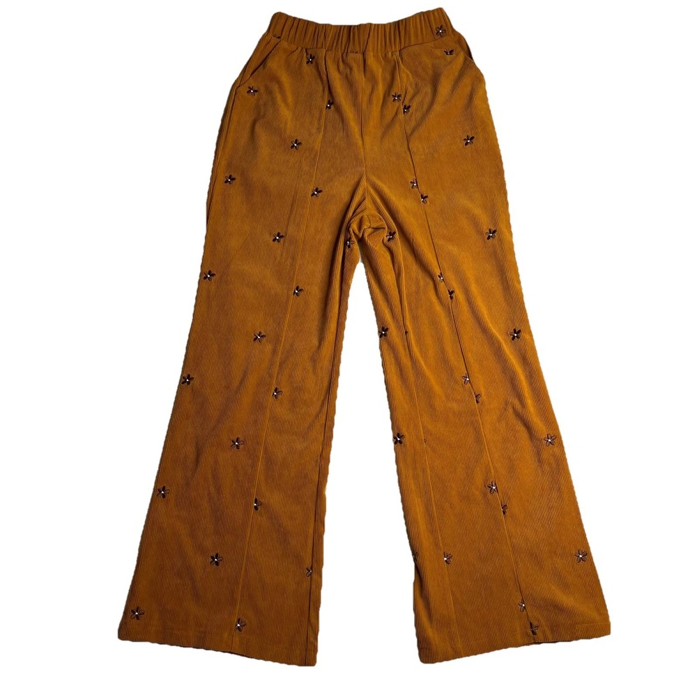 Cider Brown Corduroy Pants Mini Daisy Flower Embroidery Women's S Hippie Boho